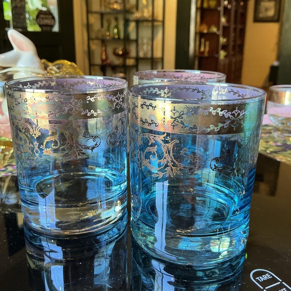 Vtg Italian Pure Platinum Blue Glasses Tumblers Lot Of 3 Iridescent Italy